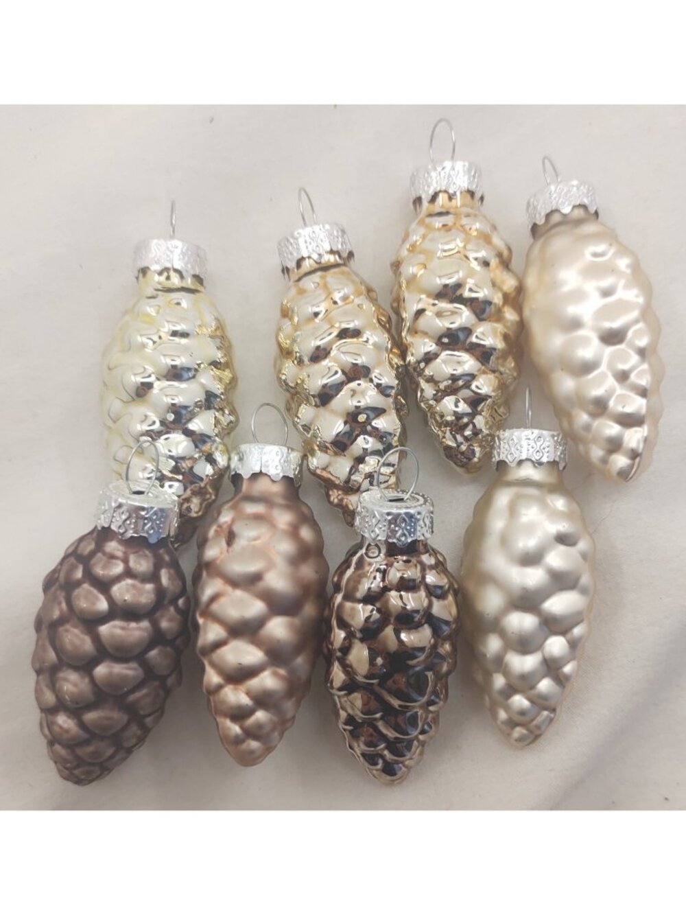 Vintage Mercury Glass Pinecone Christmas Ornaments Metallic Neutral Lot of 8